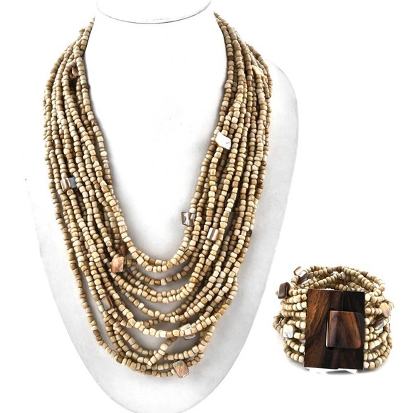 Cream Seed Bead Necklace Bracelet Stretches Wood Bead Necklace Multi Strand Boho - Picture 3 of 6